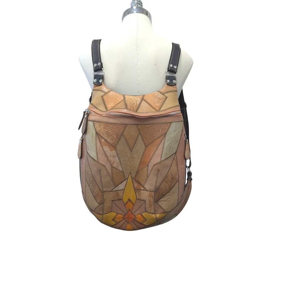 Leonid Titow Patchwork Leather Backpack Brown Tan Geometric Geometric Mosaic Bag